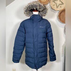 Men's Eddie Bauer Boundary Pass Down Hooded Parka Faux Fur Navy Blue Size Small